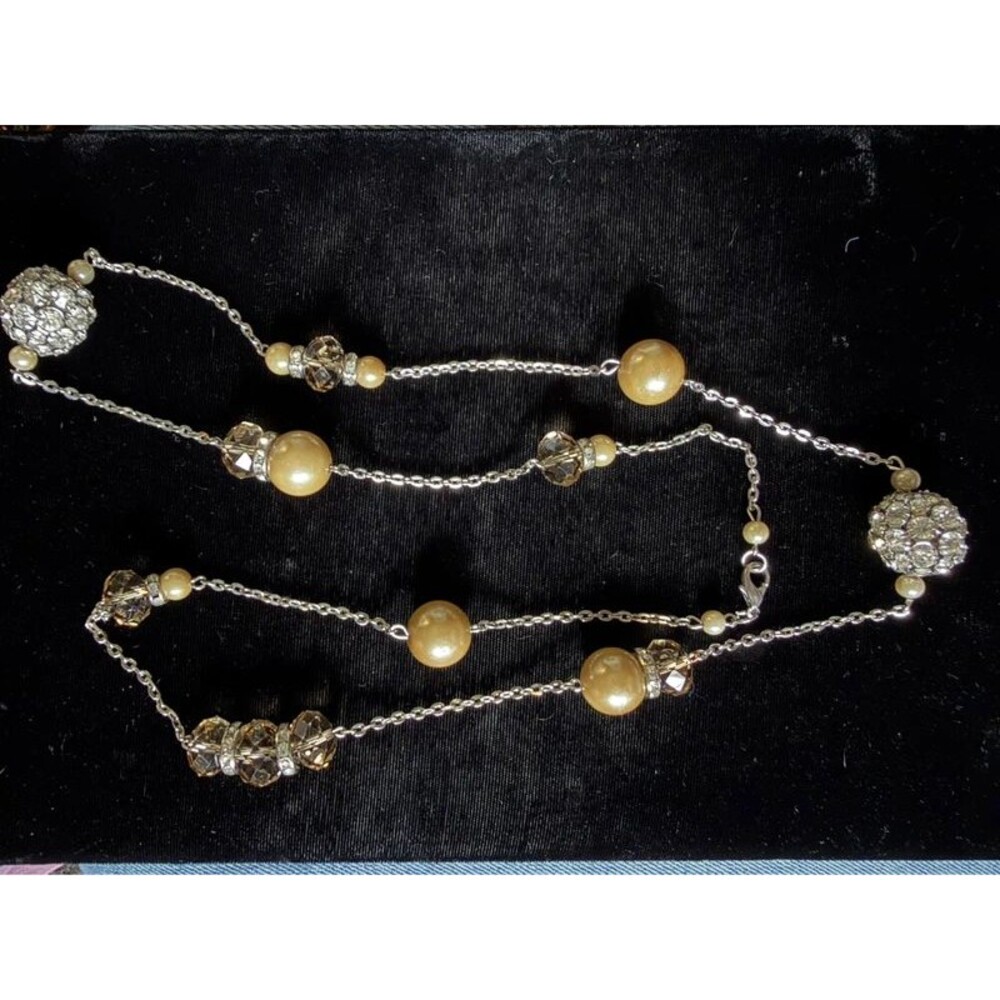 Long Pearl Crystal Station Necklace, Pave Balls, 32"